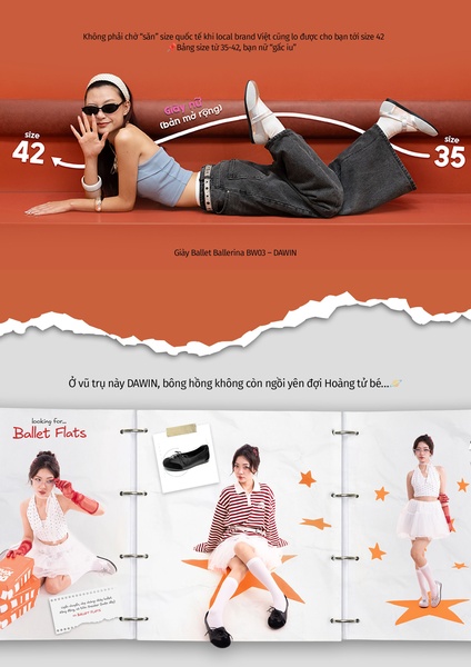 ballet flats, flat shoes, ballerina shoes, slip on flats, casual flats, women shoes, dress flats, product launch, brand awareness, lifestyle, modern typography, playful, energetic, orange, neutral